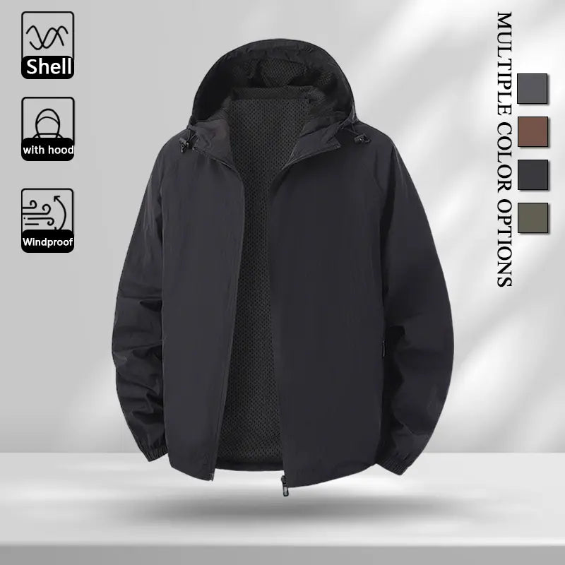 Multi Color Mens Solid Mesh Lined Attached Hood Zip Wind Coat, Light Breathable Windproof Fabric Jacket for Teenagers & Adults Outdoor Sports Daily Activities