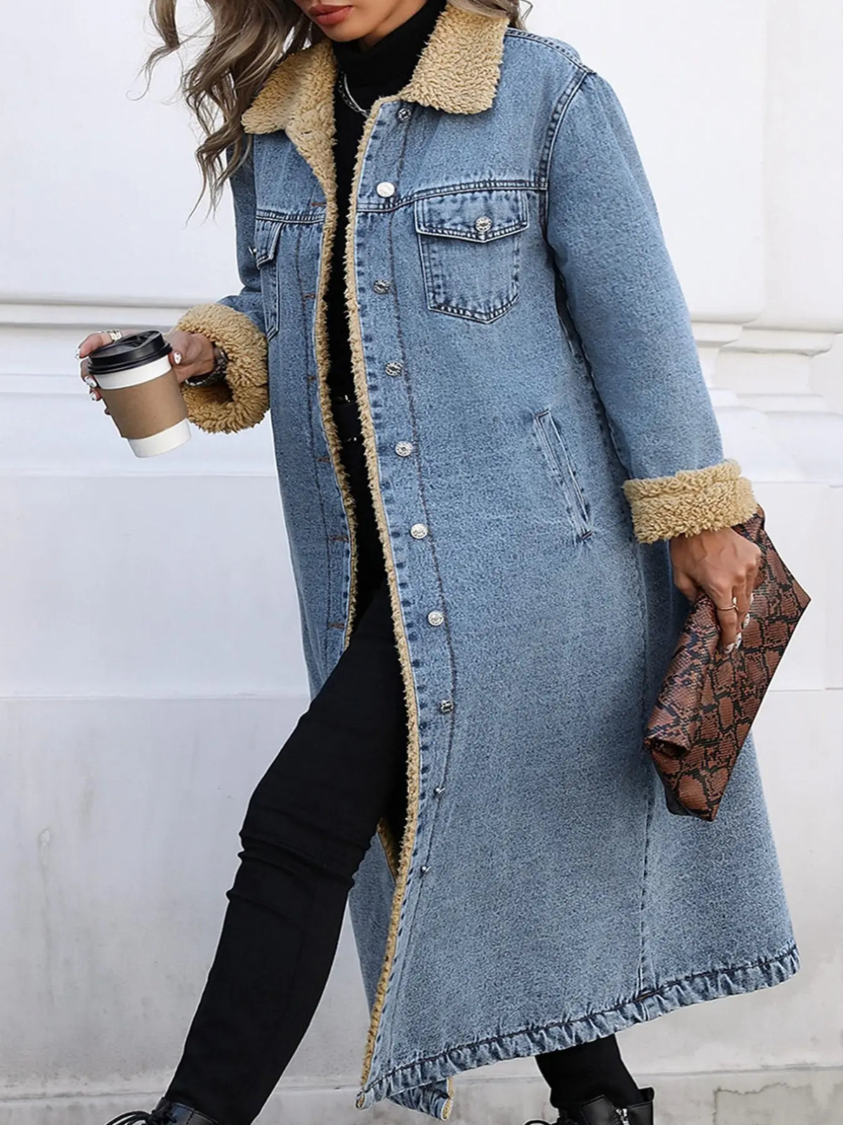 Women's Fall and Winter Casual Loose-Fit Long Jacket, Elegant Turn-Down Collar Warm-Lined Denim Coat for Plus-Size Women