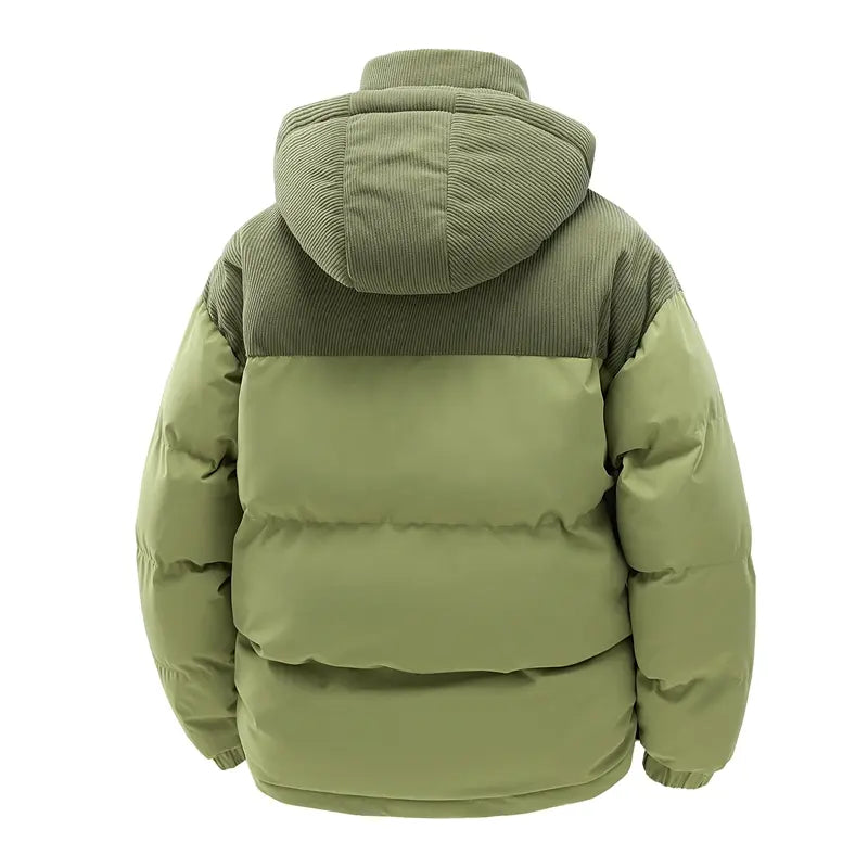 Men's Winter Color-Block Hooded Down Jacket - Thick, Warm, Loose-Fit, Detachable Hood, Contrasting Panels, Ideal for Everyday Commuting, Outdoor Activities