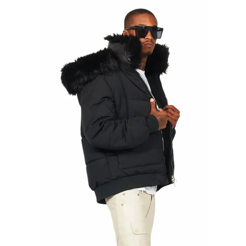 Langston Black Puffer Jacket with Fur Hood