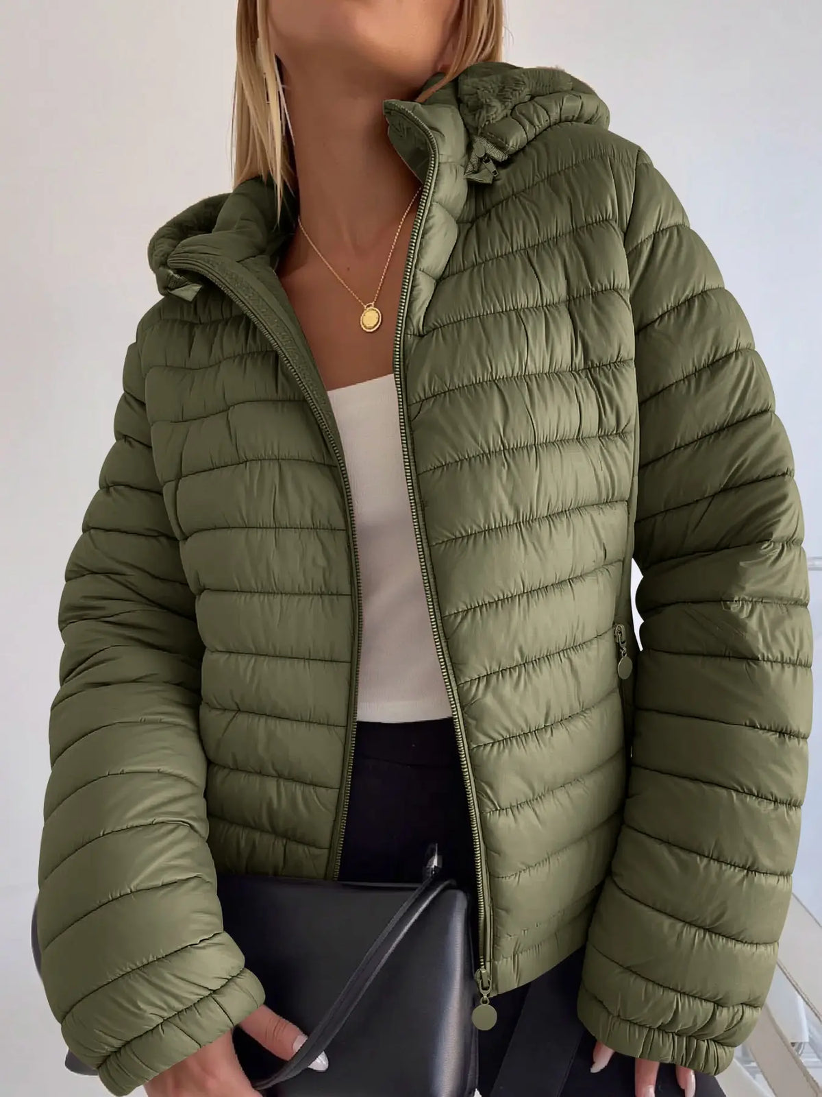 Women's Winter puffer Jacket, Casual Fitted Hooded Quilted Coat with Pockets, Warm Lightweight Commuter Outerwear for Fall & Winter