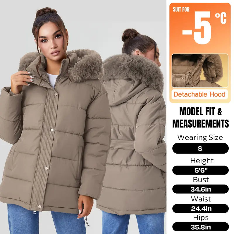 Katch Me Chic (US/CN)Women's Chic Solid Color Fluffy Hooded Zip-Up Belt Decor Cotton Coat, Cozy Outerwear Jacket for Fall & Winter, Classy Long Sleeve Womenswear