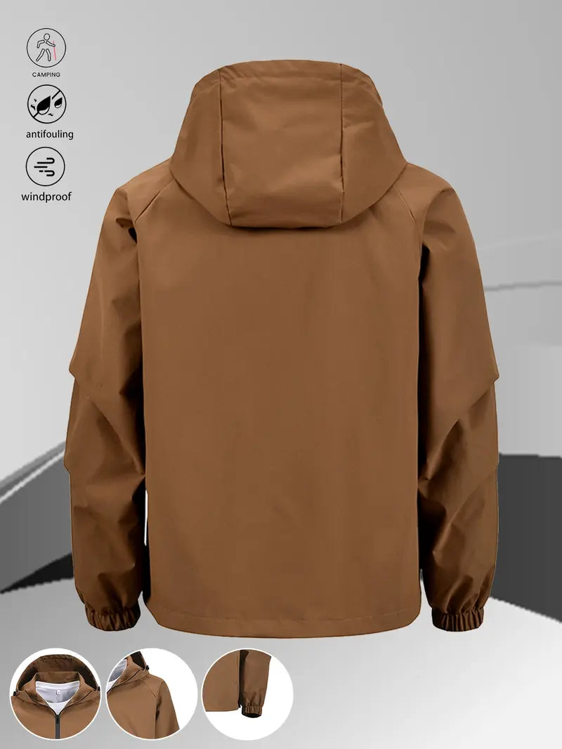 Men's Fitted Hooded Half-Zip Casual Outdoor Jacket - Black Windproof Stain-Resistant Polyester Outerwear with Large Pockets, for Hiking & Everyday Wear, Male Clothing, Hoodie
