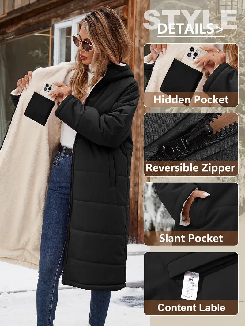 【Pre‑Season Price】HEEKPEK Women's Oversized Sherpa Fleece Lined Long Hooded Puffer Coat - Long Sleeve, Windproof, Waterproof, Insulated, Basic, Casual, Athletic, Outdoors Waterproof Wear