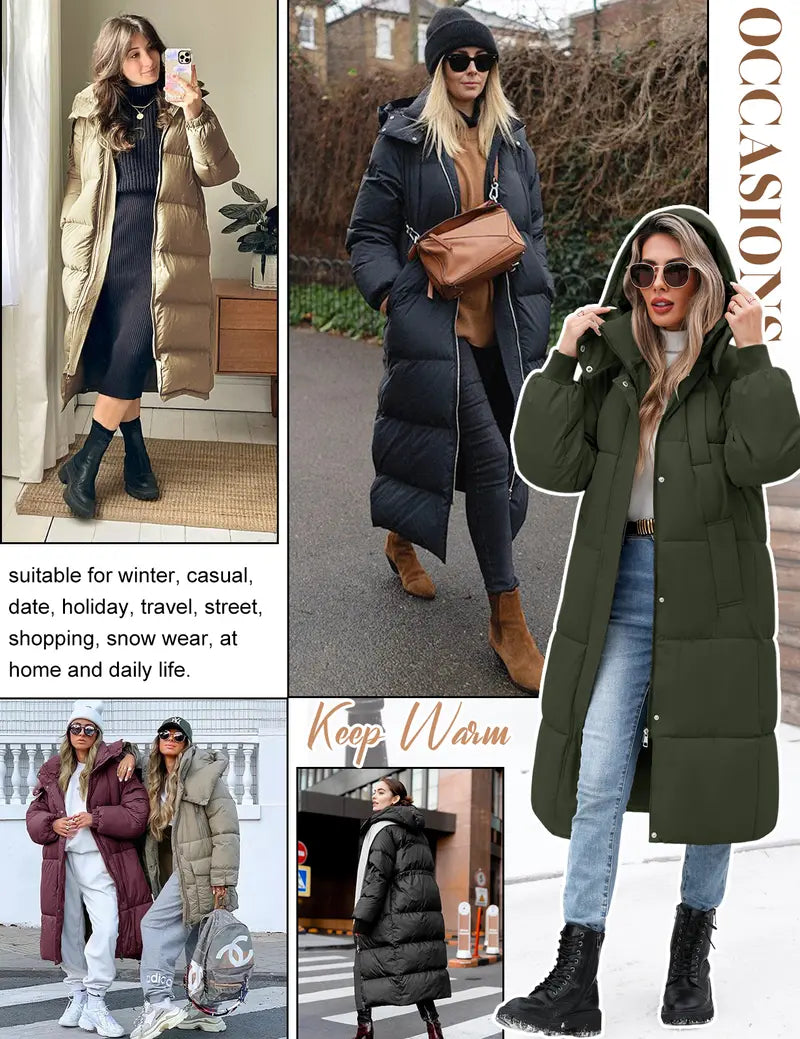 [Early bird price] UMIPUBO Shop Lady's Long Quilted Puffer Jacket, Women's Casual Basic Tops, Winter Thick Warm Hooded Zip-Up Parka Outerwear with Pockets, Long Sleeve, Jackets