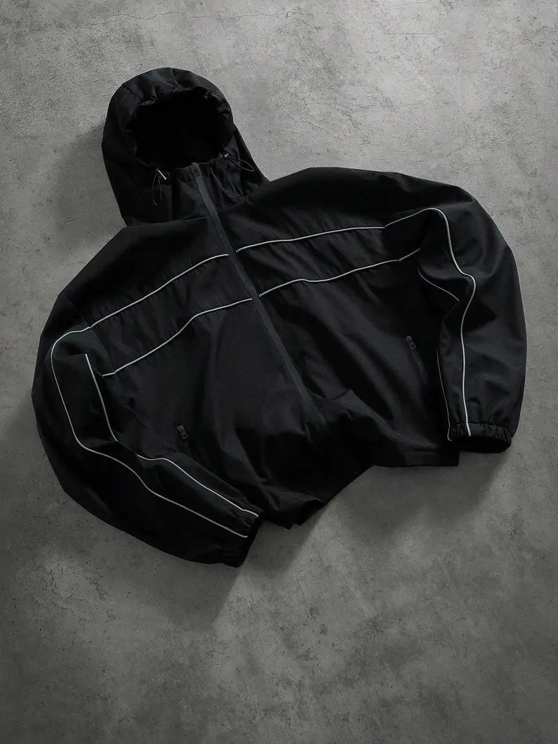 Men's Fashion Techwear Windbreaker Jacket - Hooded Drop-Shoulder Full-Zipper Top, Smooth Polyester, Reflective Sleeves, Water-Resistant, Long, Loose, Elastic, Pocket, Streetwear Outerwear
