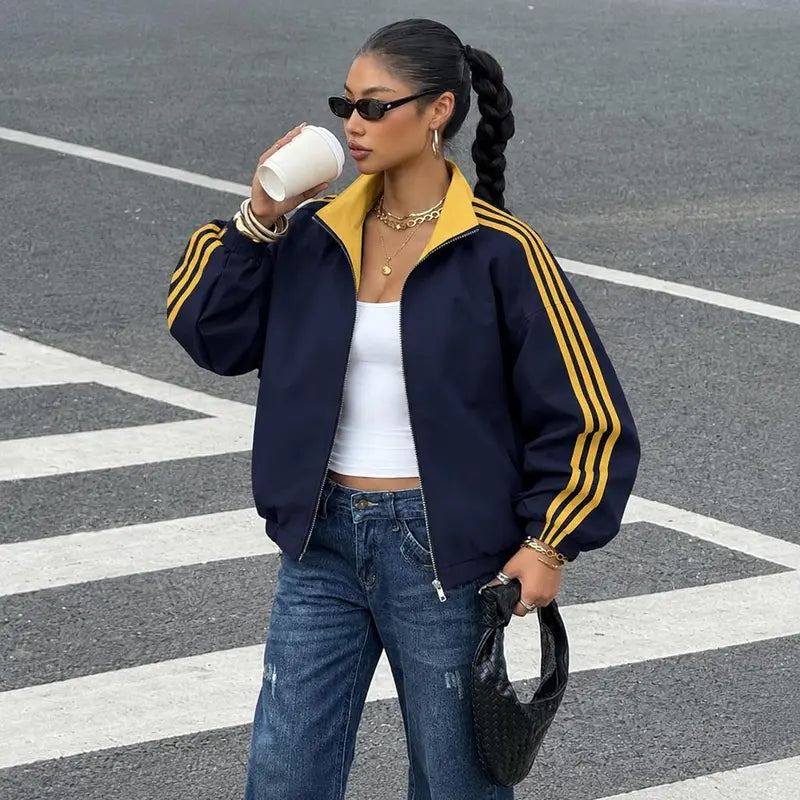 Women Reversible Zip Up Track Jacket, Striped Sleeve Stand Collar Windbreaker, Two Wear Ways Loose Drop Shoulder Outerwear, Elastic Cuffs Casual Athletic Coat, Lightweight Reversible Sport Jacket For Daily Streetwear, Shopping And Weekend Hangouts