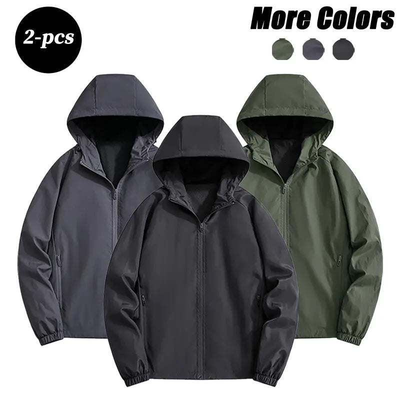 Men's Solid-Color Minimalist Full-Zip Hooded Active Jacket - Soft, Lightweight, Windproof, Breathable, Stylish, Elastic Mesh - Athlete Jackets, Casual Athletic, Black + Gray for Outdoor Hiking, Casual Wear