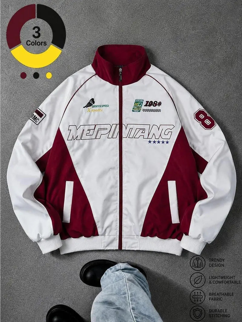 Men’s Thin Windproof Polyester Casual Racing Jacket - Lightweight, Embroidered Fashion Pattern Outerwear, Breathable Sporty Active Urban Moto Men's Jacket, Unisex All-Season Coat, Breathable Jacket
