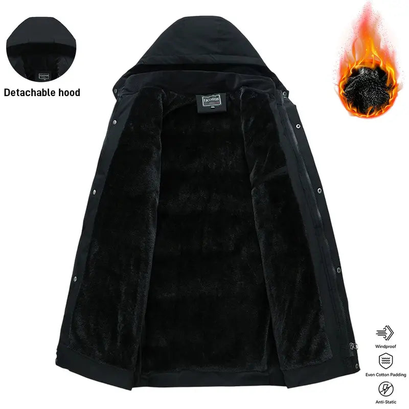 Men's Mid-Length Padded Casual Fashionable Jacket - Menswear Tops, Longsleeves, Detachable Hood, Windproof, Winter Warm-Lined, Plain Polyester, Pull-On, Lightweight Daily Outerwear
