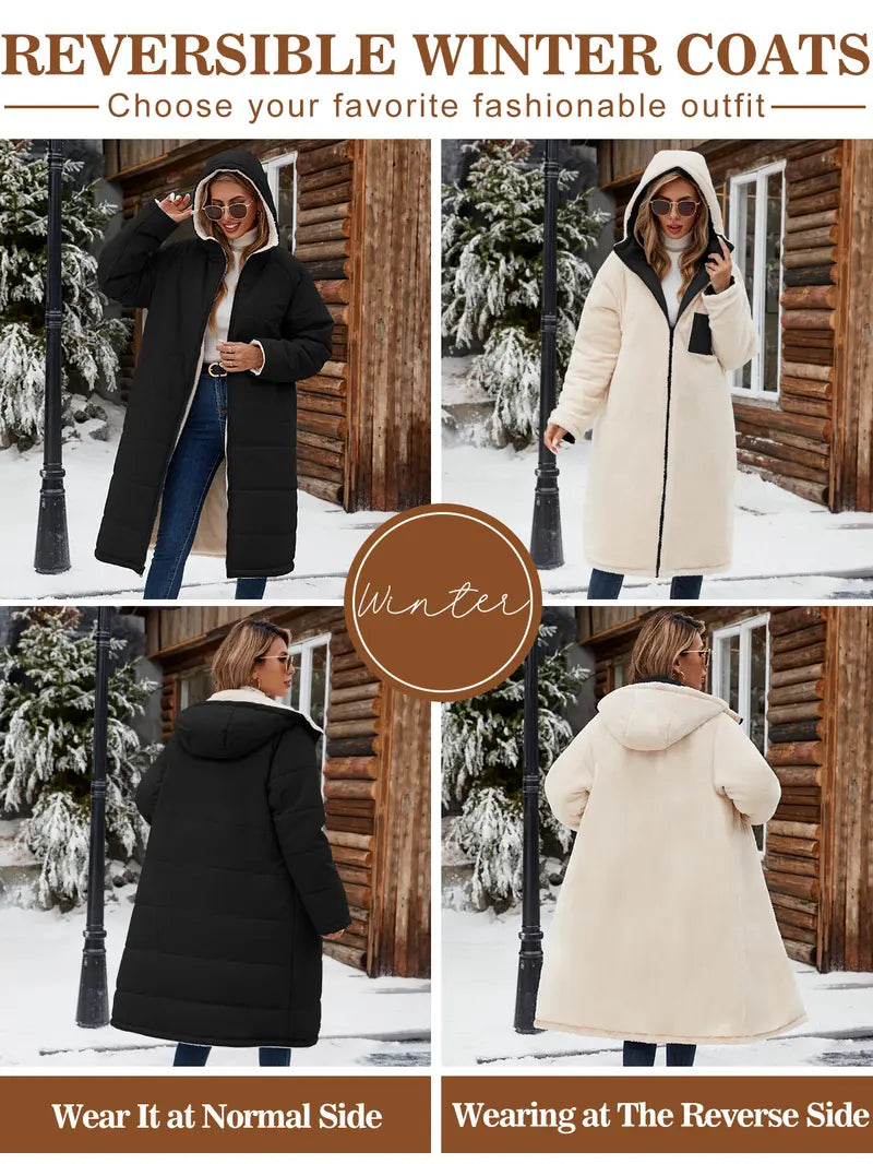 【Pre‑Season Price】HEEKPEK Women's Oversized Sherpa Fleece Lined Long Hooded Puffer Coat - Long Sleeve, Windproof, Waterproof, Insulated, Basic, Casual, Athletic, Outdoors Waterproof Wear