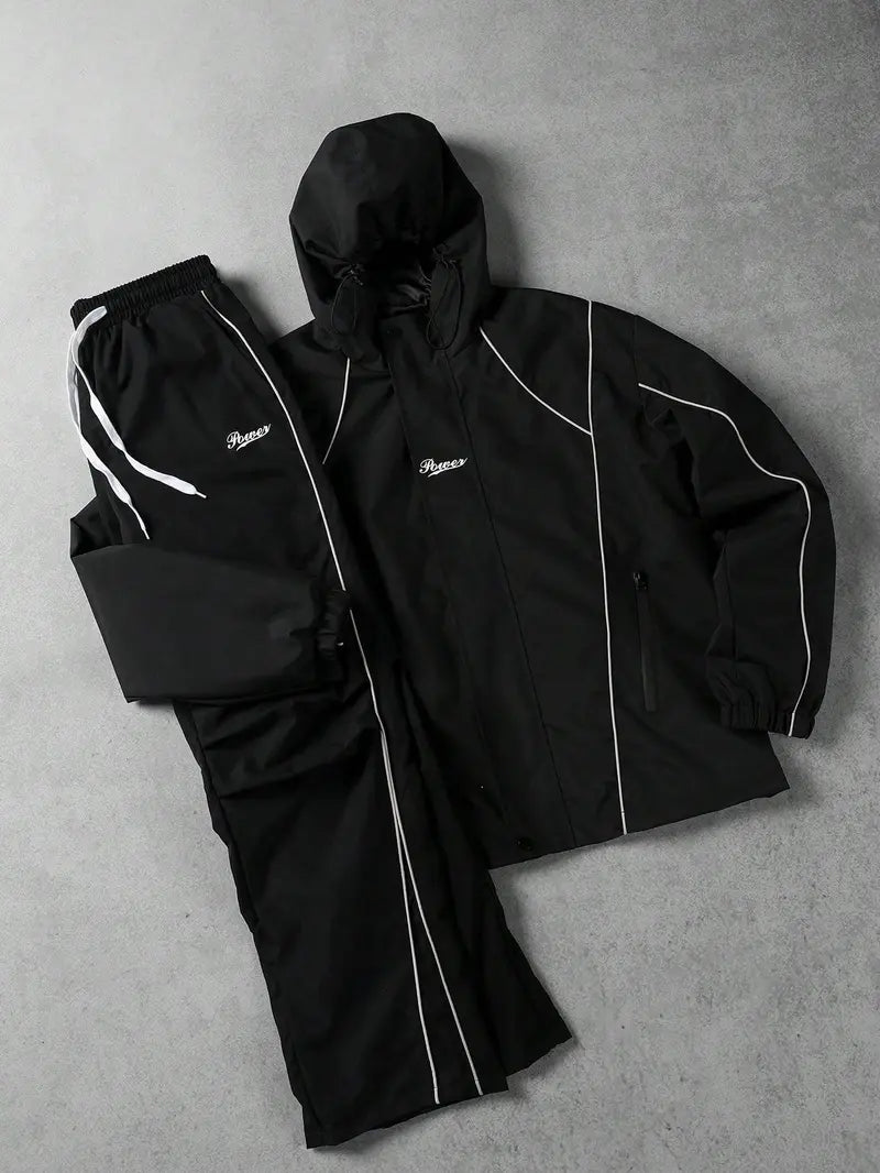 Men's Reflective Lettered 2-Piece Windbreaker Tracksuit - Male Clothing, Drawstring Hood, Elasticated Cuffs, Windproof, Suitable for Spring/Autumn Commuting, Night Running