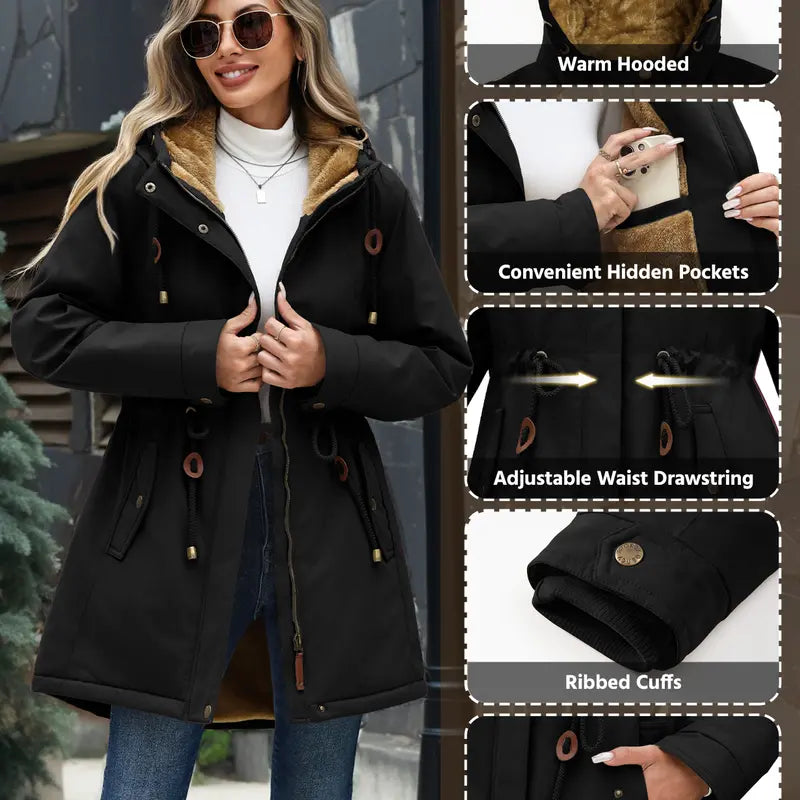 Parka Jacket Women Waterproof Fleece Lined Hooded Warm Winter Coat with Pockets for Daily Commute & Outdoor