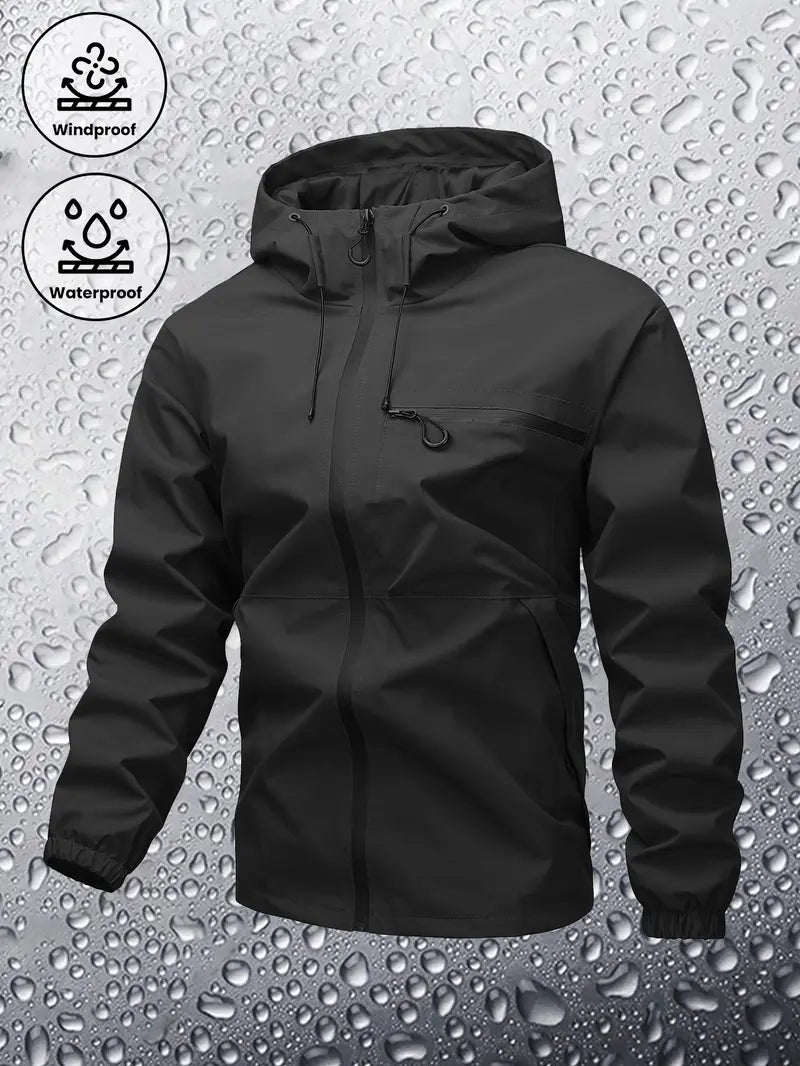 Men's Fitted Zip-Up Hooded Baseball Bomber Jacket - Plain/Stripe Print, Waterproof, Windproof, Drawstring Long Sleeves, Zipper Pocket Casual Outerwear for Outdoor Activities