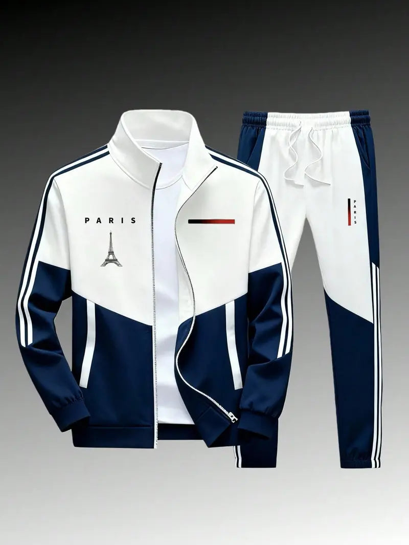 Men's 2-Piece Paris Logo Sportswear Set - Sports Outerwear Jacket & Jogging Pants, Geometric Print, Stand-Up Collar, Zipper Closure, Color-Matching Design, All-Season Streetwear Fashion Apparel Clothes Suits