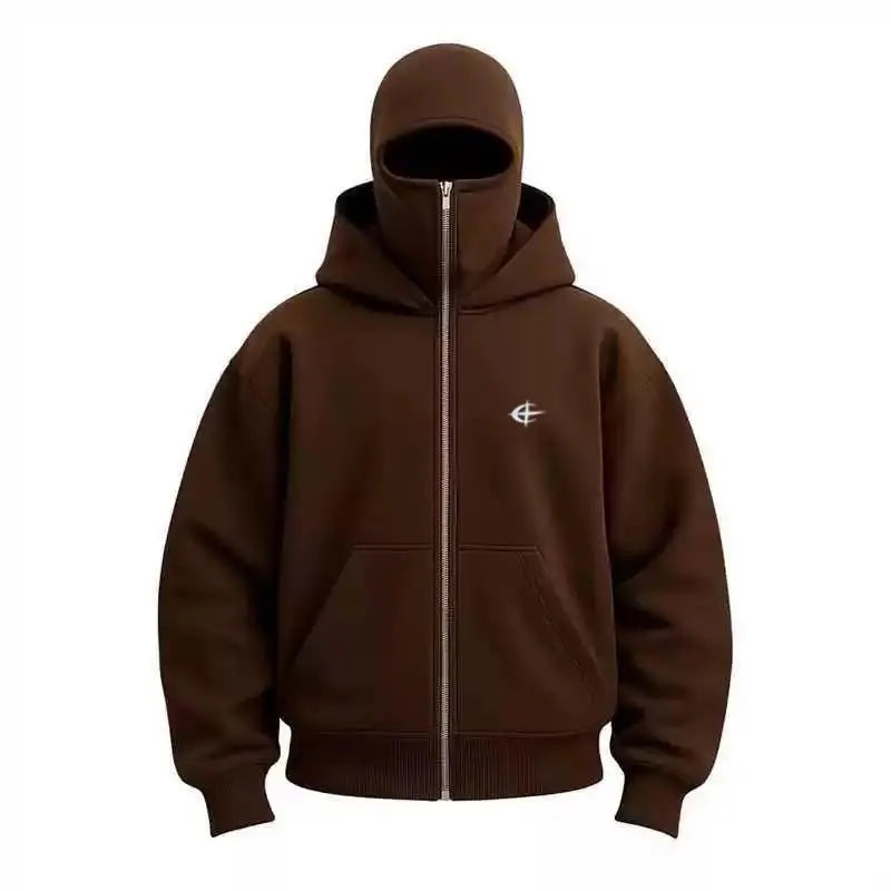 Unisex Double Hood Balaclava Full Zip Hoodie, Y2K Streetwear Boxy Cropped Fleece Sweatshirt, Ski Mask Face Cover Zip Up Jacket for Men Women, Multiple Colours