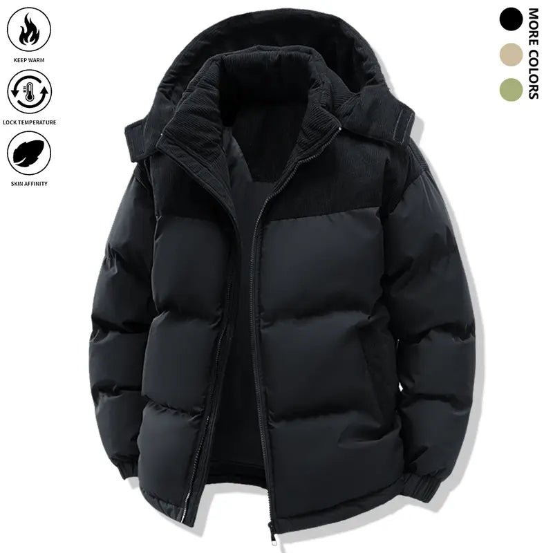 Men's Minimalist Woven Cozy Hooded Down Jacket - Polyester-Filled Velvet Cotton Fabric, Winter Color Block, Long-Sleeve, Detachable Cap, Warm Overcoat, Pockets, Pull-On Style, Fitted Cut for Party, Easter, Cozy Hooded Fit
