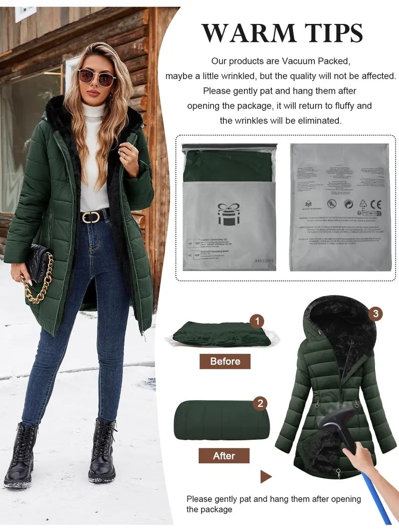HEEKPEK Lady's Hooded Neck Fitted Long Sleeve Full Arm Down Fabric Jacket - Windproof, Waterproof, Fur-Lined, Zipper Front, Stylish Tops for Women for Commuting, Outdoor Activities