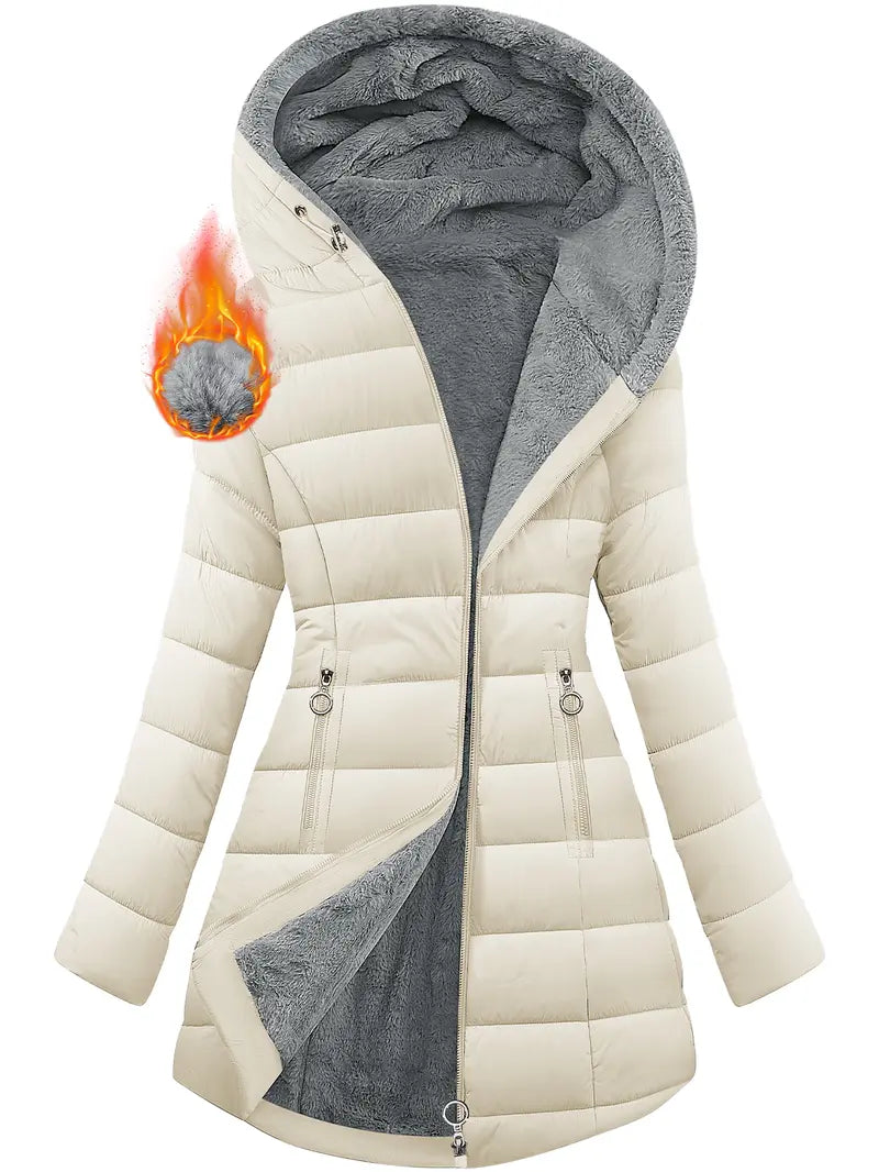 Women's Winter Thick Down Jacket - Casual Winter Coat, Longsleeves, Medium Length Fleece-Lined Parka with Faux Fur Hood Outerwear Black Basic