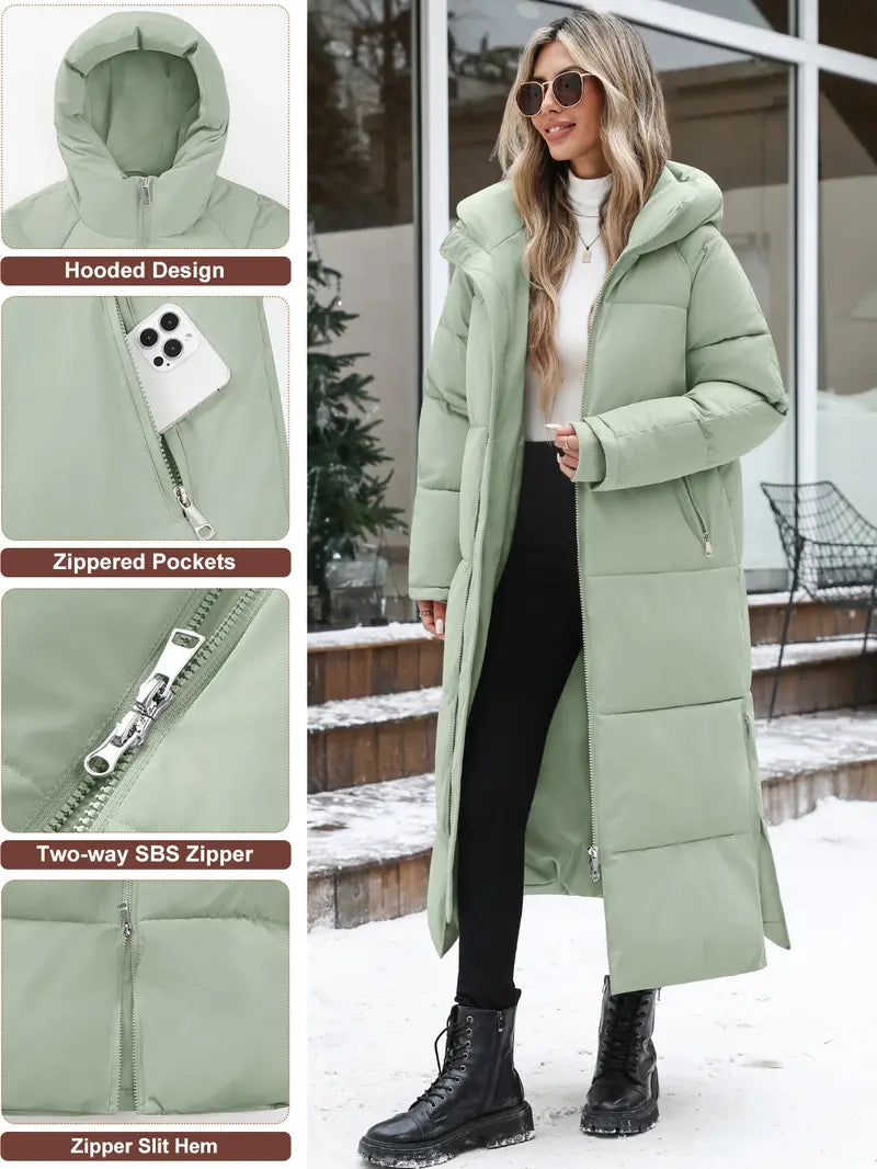 FASHORA Women Long Quilted Coat Hooded Maxi Length Long Sleeve Puffer Jacket Padded Coat Winter Outerwear Water-repellent