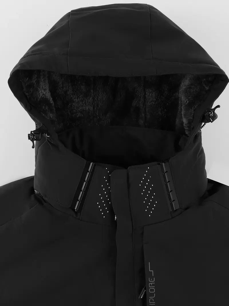 Men’s thickened waterproof windproof outdoor hooded ski jacket, slim-fit all-season sports outerwear suitable for winter camping and hiking, with a windproof hood