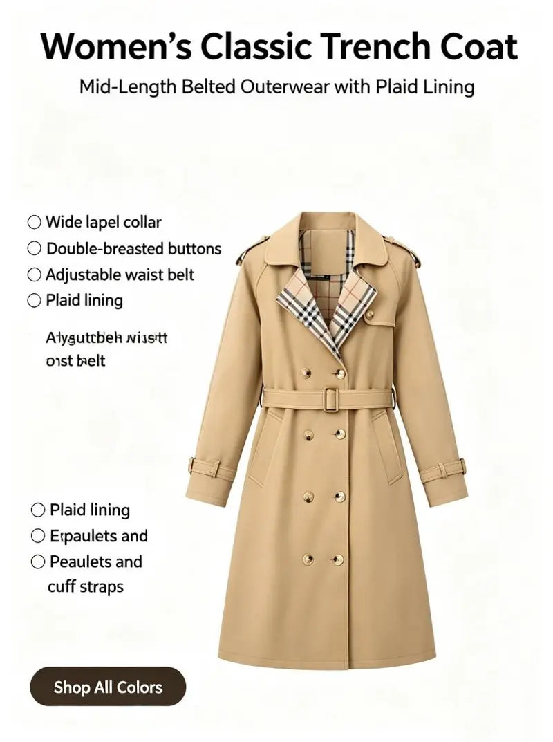 New autumn women’s loose long coat featuring a double-breasted design, khaki trench style, notched lapel with plaid lining, and an adjustable waist belt that cinches the silhouette—an essential piece for spring and autumn outfits.sohochic sohochic...