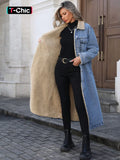 Women's Fall Winter Chic Fashion Long Cozy Denim Jacket with Long Sleeves, Elegant Lapel Single Button Fleece Lined Warm Coat, Casual Versatile Outerwear