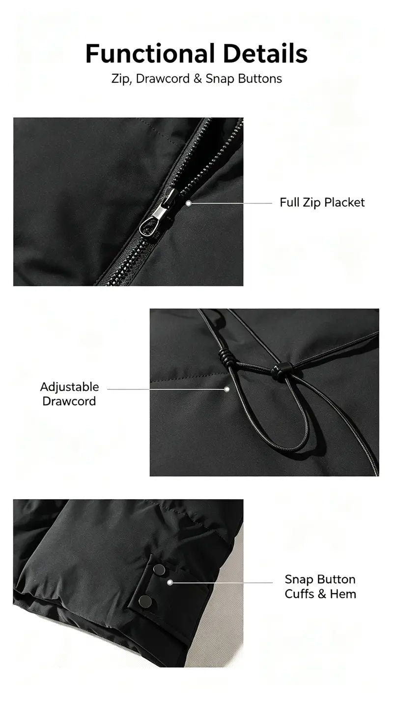 Men’s Winter Long Plain Puffer Jacket (Plus Size/Big & Tall) - Polyester-Filled Heavyweight Quilted Windproof Coat, Adjustable Drawstring Hood, Snap Buttons Hem, Zip-Up Street Chic Warm Jacket for Extreme Cold