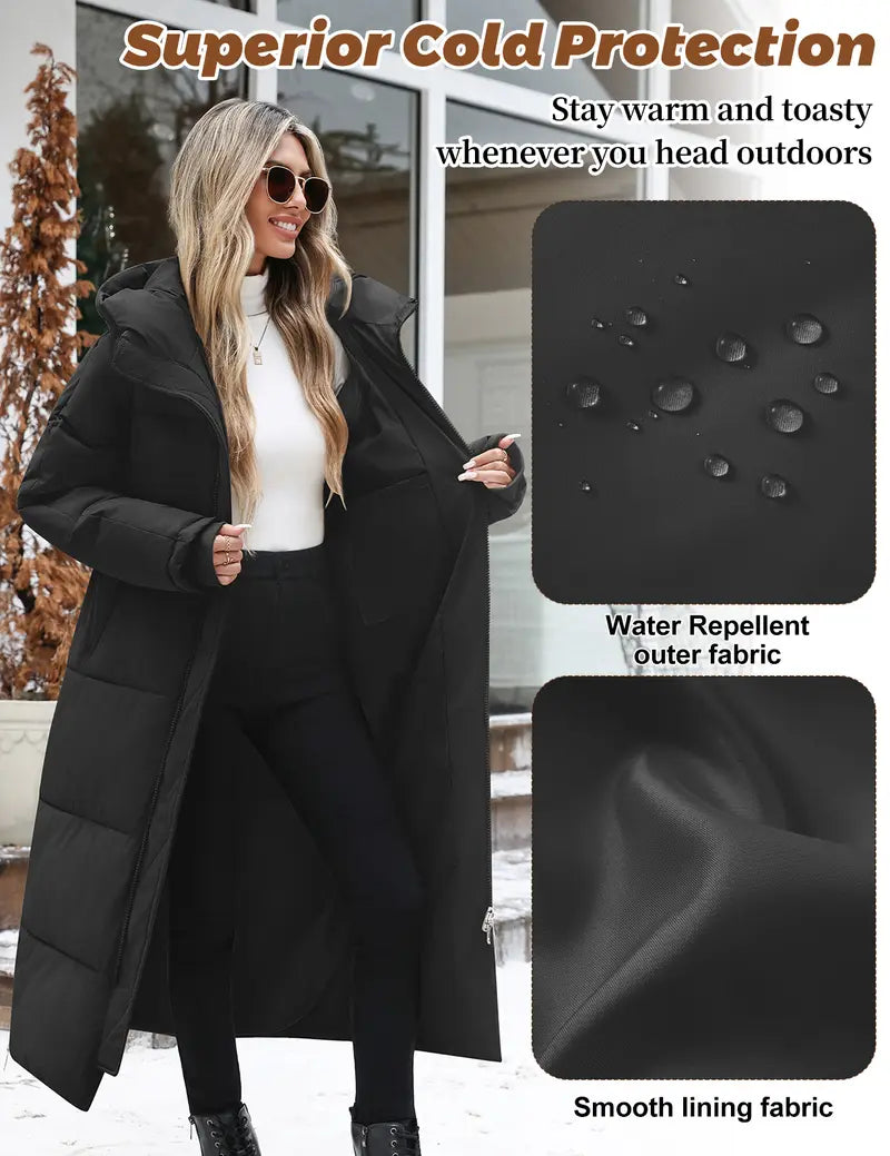 FASHORA Women Long Quilted Coat Hooded Maxi Length Long Sleeve Puffer Jacket Padded Coat Winter Outerwear Water-repellent