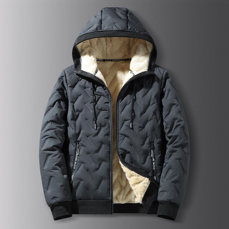 Men's Korean Casual Baggy Winter Jacket - Solid Color, Fleece-Lined Polyester, Hooded, Windproof for Outdoor Commuting, Woven, Hooded Protection, Long Sleeves Keep Arms Covered, Plain Style Keeps Outfits Clean, Windproof Coat zipper full