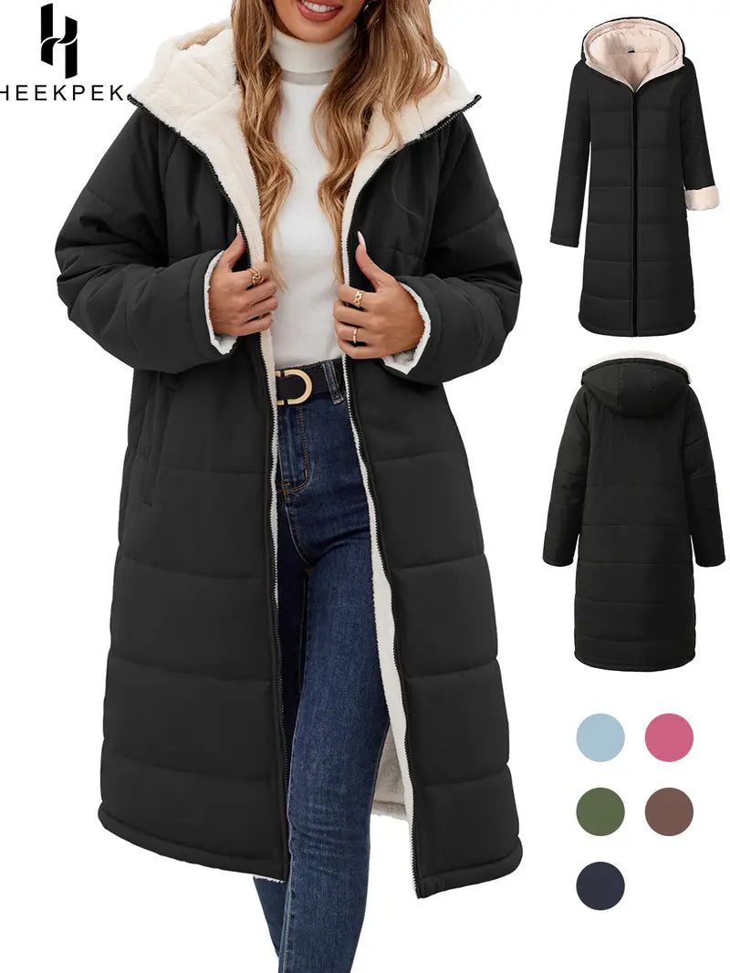【Pre‑Season Price】HEEKPEK Women's Oversized Sherpa Fleece Lined Long Hooded Puffer Coat - Long Sleeve, Windproof, Waterproof, Insulated, Basic, Casual, Athletic, Outdoors Waterproof Wear