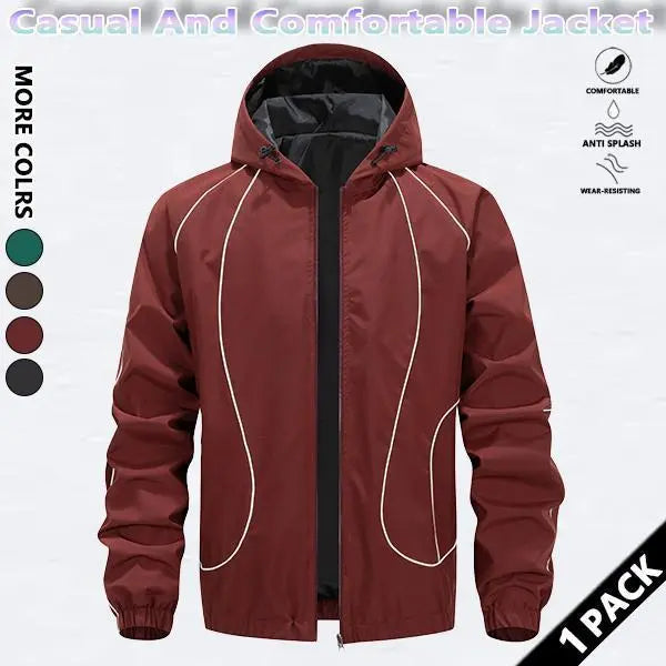 Men's Chic Woven Waterproof Windproof Front Zip Hooded Jacket - Rain-Ready Year-Round Menswear Top Coat with Drawstring, Striped Print, Zipper Pockets, Suitable for Outdoor Activities - SpringStatements