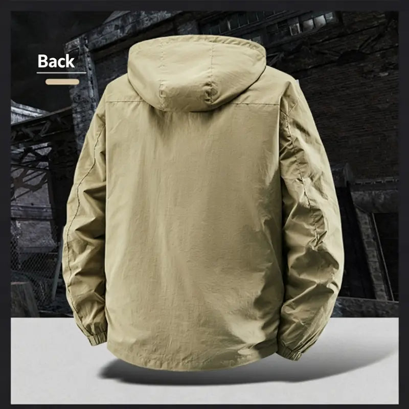 Men's Polyester Plain Full-Zip Water-Resistant Windbreaker Jacket with Hood, Lightweight Outdoor Shell Coat for Hiking, Daily Outdoor Wear