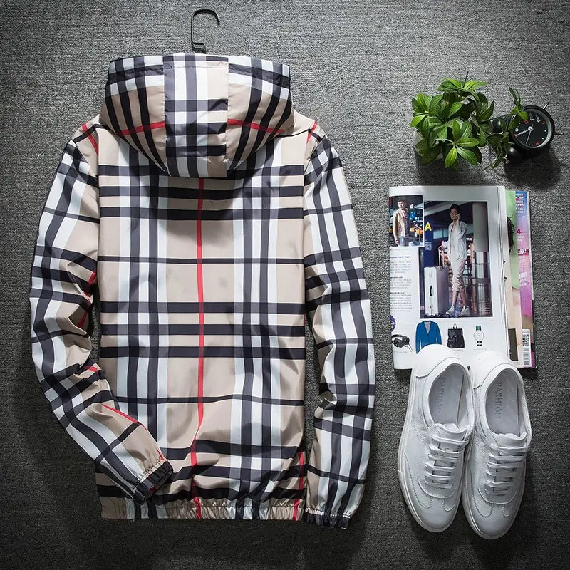 (Upgraded version) Men's lightweight hooded jacket, zip-up windbreaker, adjustable drawstring & color-block striped, spring and autumn fashion casual men's outerwear, customizable personalized jacket, stylish khaki plaid design sohochic