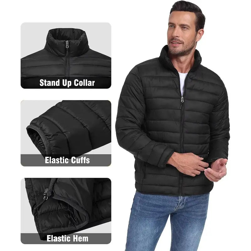 Zoofly Men's Regular Fit Casual Long Sleeve Winter Puffer Down Coat - Elastic, Thermal, Lightweight, Waterproof, Polyester Outerwear with Zip Pockets, Machine Washable
