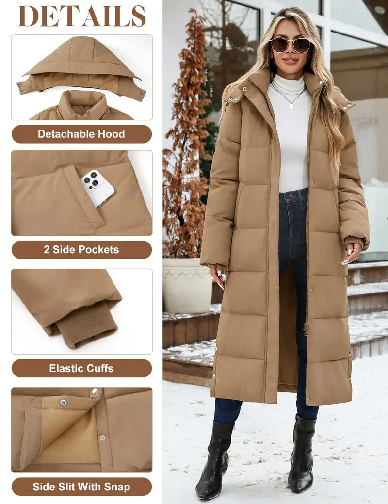 UMIPUBO Lady's Long Sleeve Fitted Casual Long Maxi Down Coat, Winter Puffer Jacket, Warm Padded Outerwear, Tops with Removable Faux Fur Hood, Full-Zip Parka