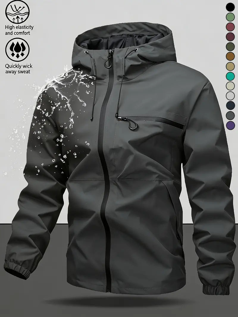 Men's Fitted Solid Woven Hooded Jacket - Waterproof, Windproof, with Zippered Pockets for Outdoor, Casual Wear