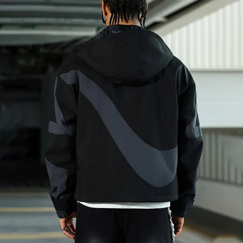 Color Block Hooded Windbreaker Jacket Unisex Adjustable drawstring hat with zipper front for both Outdoor Windproof Streetwear Coat Casual Menswear