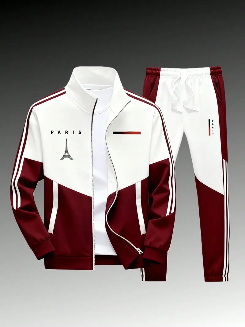 Men's 2-Piece Paris Logo Sportswear Set - Sports Outerwear Jacket & Jogging Pants, Geometric Print, Stand-Up Collar, Zipper Closure, Color-Matching Design, All-Season Streetwear Fashion Apparel Clothes Suits
