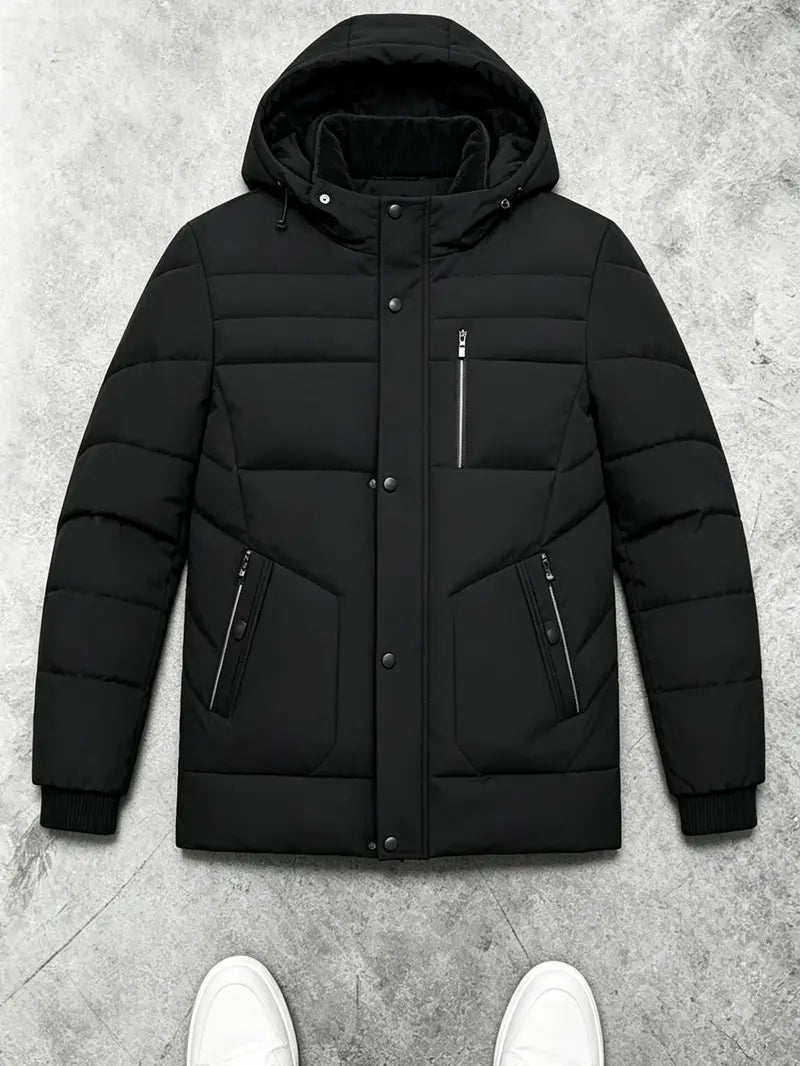 Men's Autumn Winter Mid-Length Hooded Down Coat - Quilted Outerwear Jacket, Coats for Casual Wear, Plain Design, Stylish Zipper-Button Front Closure, Multiple Zippered Pockets, Straight Cut, Casual Topstitching