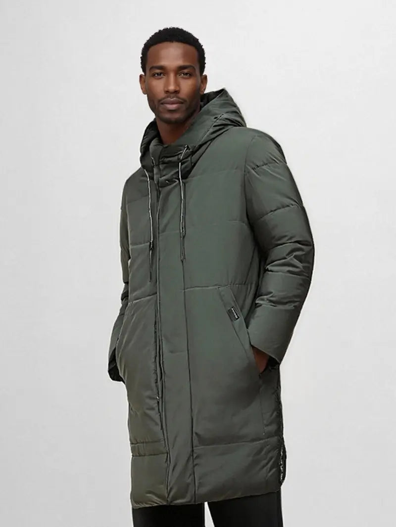 New men’s mid-length cotton hooded jacket, plus size for autumn/winter; loose fit, thick and warm, comfortable; suitable for outdoor travel, mountaineering, hiking, cycling, and running; fashionable, versatile, trendy.