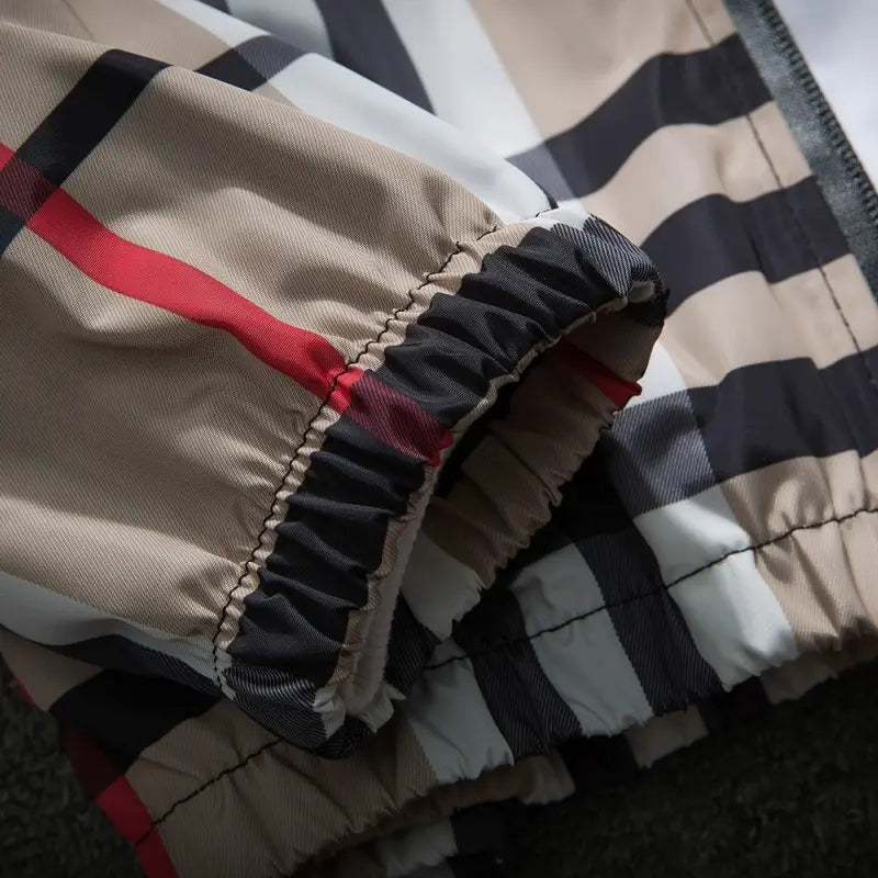 (Upgraded version) Men's lightweight hooded jacket, zip-up windbreaker, adjustable drawstring & color-block striped, spring and autumn fashion casual men's outerwear, customizable personalized jacket, stylish khaki plaid design sohochic