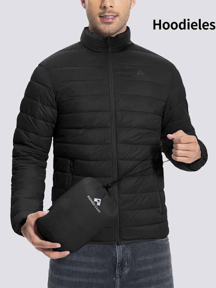 Pioneer Camp Men's Lightweight Packable Hooded Heated Puffer Jacket - Male Clothing, Windproof, Thermal Long Sleeve, Full Zip Front, 6-Pocket, Insulated, Breathable Bubble Cotton, Elastic Cuff Outerwear with Polyester Fill for Running, Travel