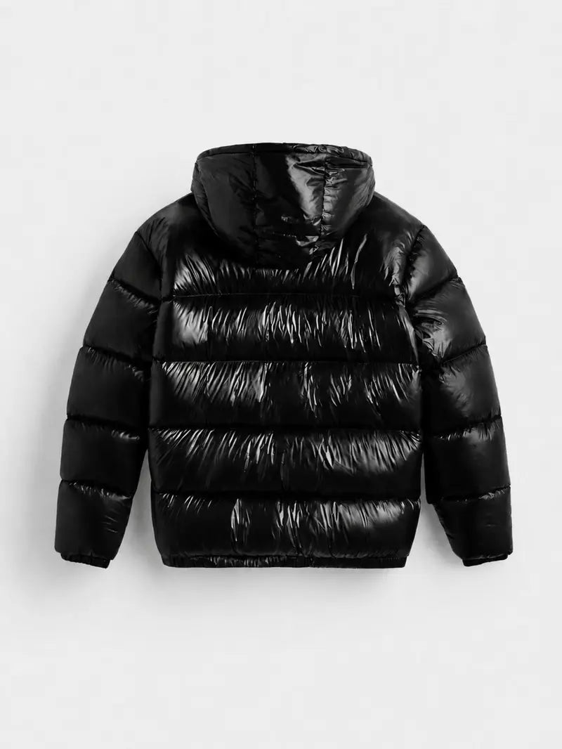 Men's Glossy Hooded Puffer Jacket, Full Zip Quilted Outerwear with Elastic Cuffs for Fall Winter Streetwear & Everyday Layering, Model Wears One Size Up for a Relaxed Look