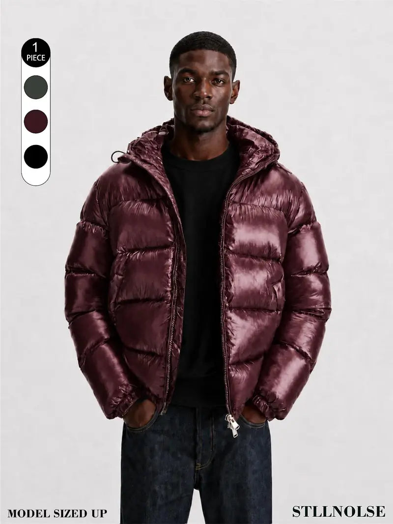 Men's Glossy Hooded Puffer Jacket, Full Zip Quilted Outerwear with Elastic Cuffs for Fall Winter Streetwear & Everyday Layering, Model Wears One Size Up for a Relaxed Look