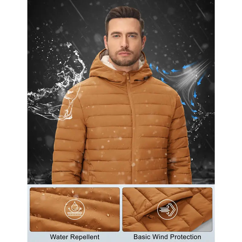 MAGCOMSEN Men's Puffer Down Jacket - Hooded, Sherpa Lined, Waterproof, Water Resistant, Zip Closure, with 1 Hidden Inner Pocket Winter Coat