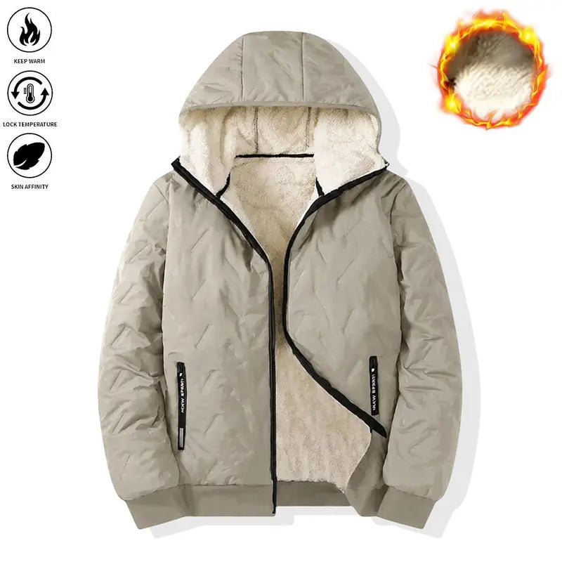 Men’s Basic Korean Woven Winter Hooded Jacket, Thick Warm Zip-Up Windproof Outerwear with Full Zipper Closure, Front Pockets, Suitable for Outdoor Sports, Commuting, Cold Weather Menswear Coats Long Sleeve Motocross Beige