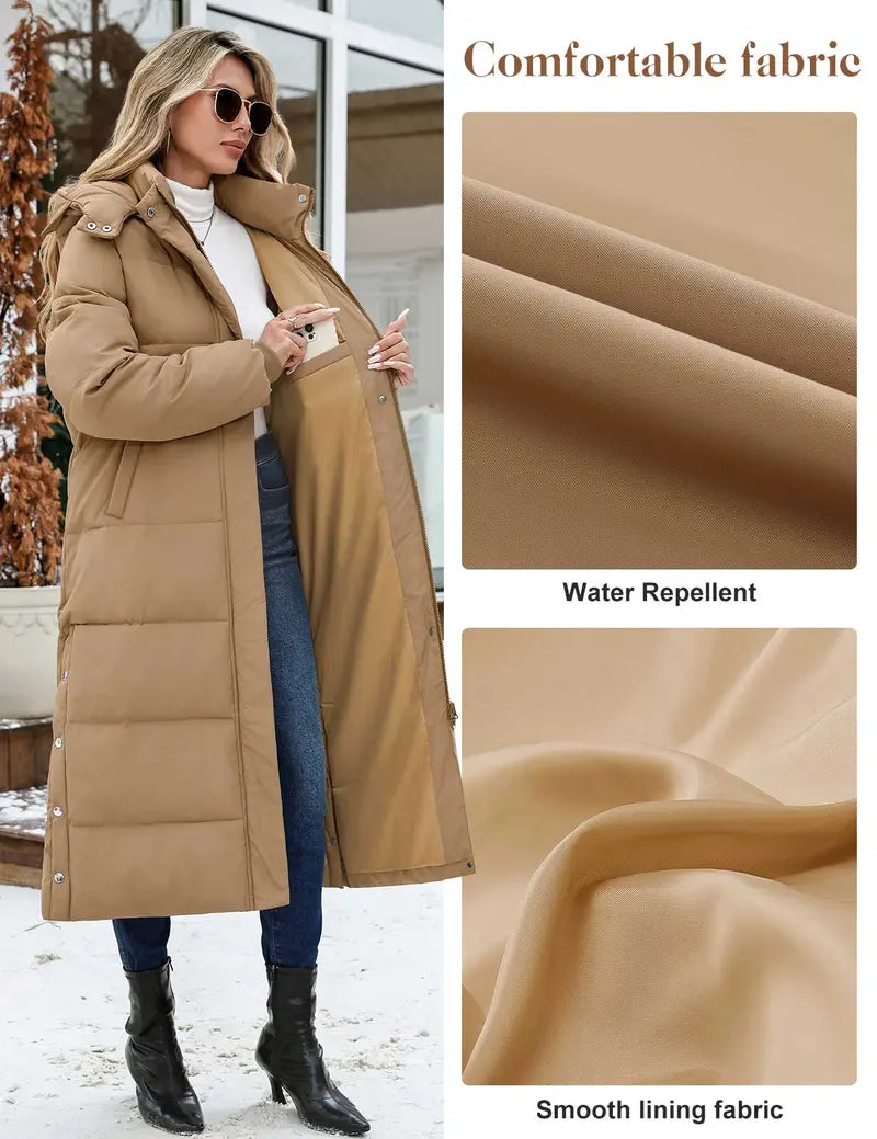 UMIPUBO Lady's Long Sleeve Calf-Length Maxi Puffer Down Coat, Winter Warm Padded Outerwear with Removable Faux Fur Hood, Full-Zip Parka Tops, Detachable Fur, Removable Hood