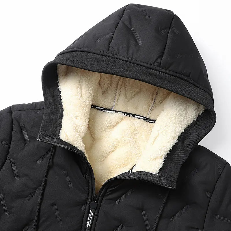 2026 New Stylish Menswear Men's Hooded Cotton-Blend Coat Jacket - Long-Sleeve, Plain, Casual, Warm Fleece-Lined Top with Ultrasonic Cotton Toothbrush Print, Fitted Cut, Medium Length, Attached Hood