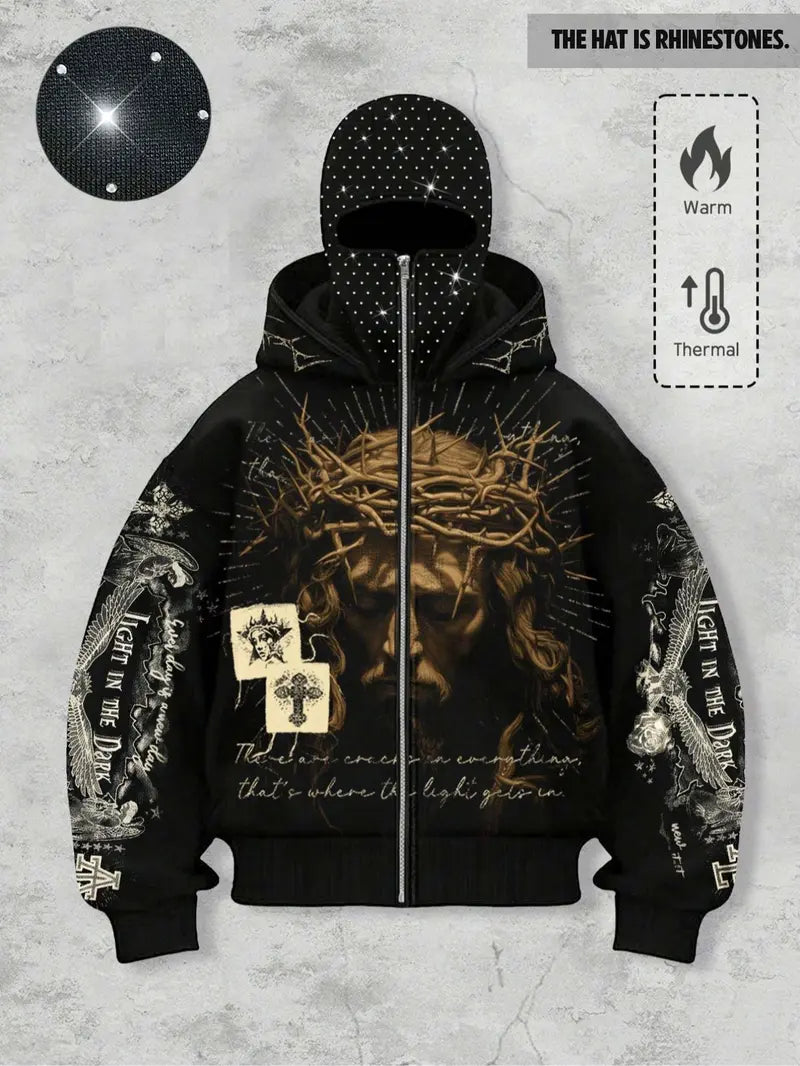 double hood rhinestone street casual loose men's zipper hoodie eye print sweatshirt, Graphic print hoodie autumn and winter fleece warm men and women brand Y2K jacket cool nightclub rock hip-hop music festival